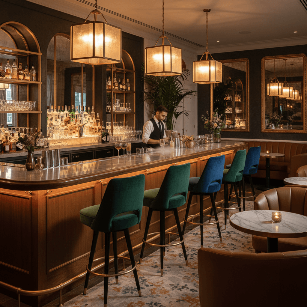 Upscale cocktail lounge with warm ambient lighting and craft bar setup