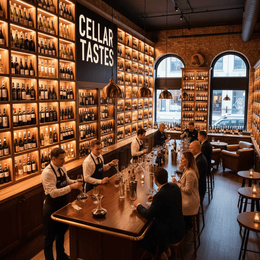 Wine bar featuring extensive wine collection display and professional tasting area