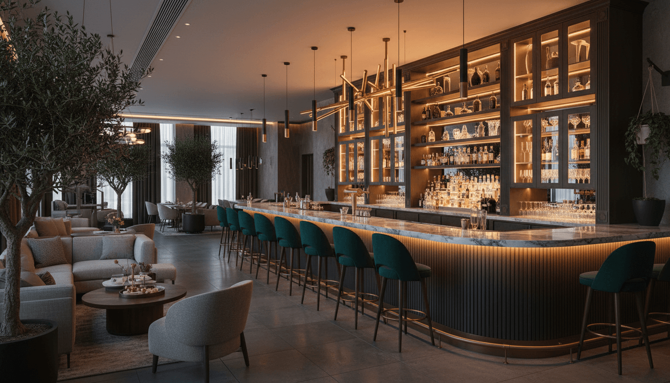 Modern restaurant bar with elegant interior design and warm lighting creating an upscale hospitality atmosphere
