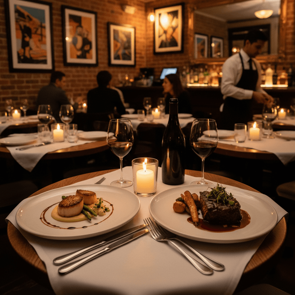 Intimate bistro setting with candlelight and artfully plated cuisine