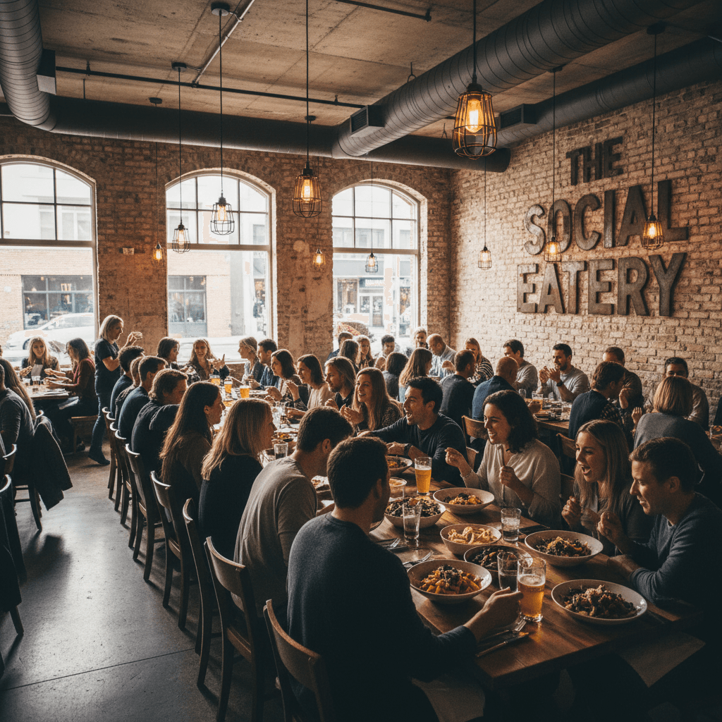 Contemporary restaurant space with communal seating and industrial aesthetic