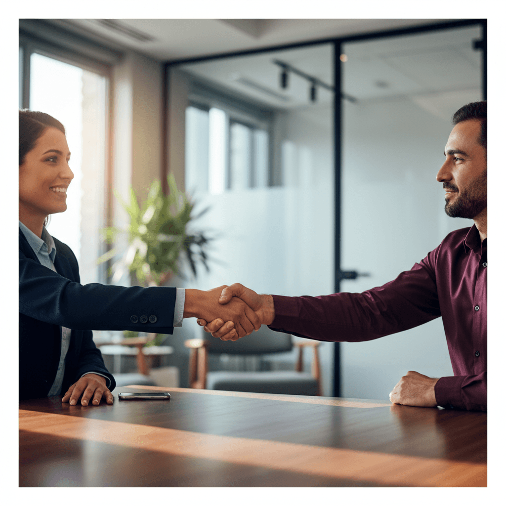 Business partners establishing collaborative relationship