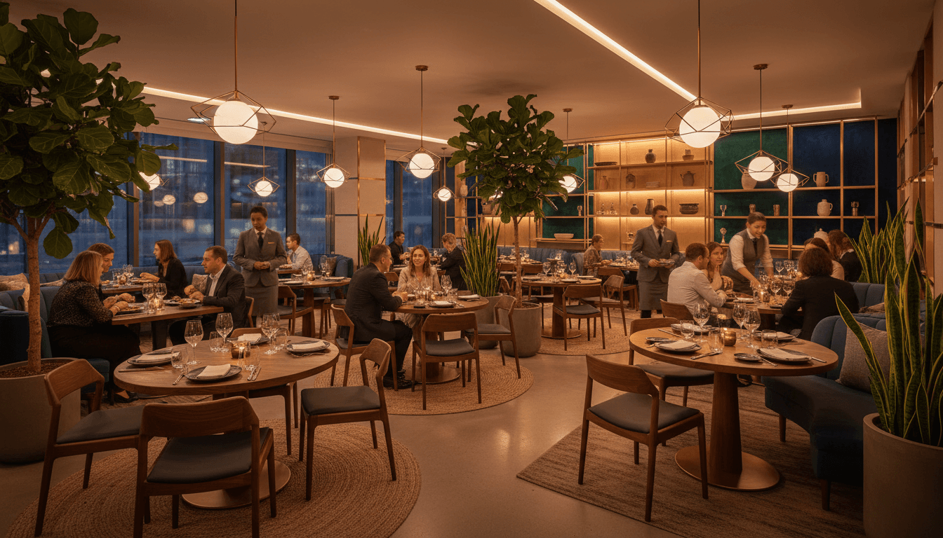 Professionals collaborating in a modern restaurant or lounge environment