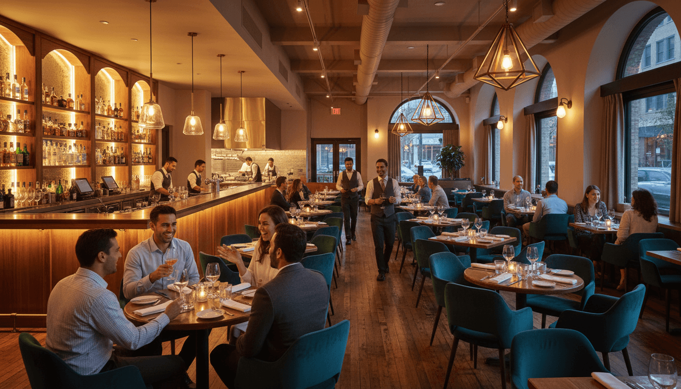 Modern restaurant interior with warm lighting and professional bar setup